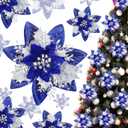Geosar 36 Pieces Glitter Christmas Poinsettia Artificial Xmas Flower Ornaments Flowers Decorations with Clips and Stem Glitter Poinsettia Christmas Tree Ornaments for Xmas Wedding (Royal Blue)
