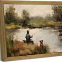 Wood Framed Vintage Canvas Wall Art, Boy Fishing Wall Decor Paintings, Dog and Boy Landscape Print Prints, Vintage Country Farmhouse Artwork Picture for Bedroom Living Room Kids Room 8x10 Inch