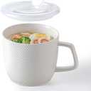 Ceramic Soup Bowl with Lid & Handle: 32 oz Microwave Safe Food Container for Ramen Noodles Cereal Leftovers - Extra Large Mugs for Breakfast Lunch Picnic Camping - White, Set of 1