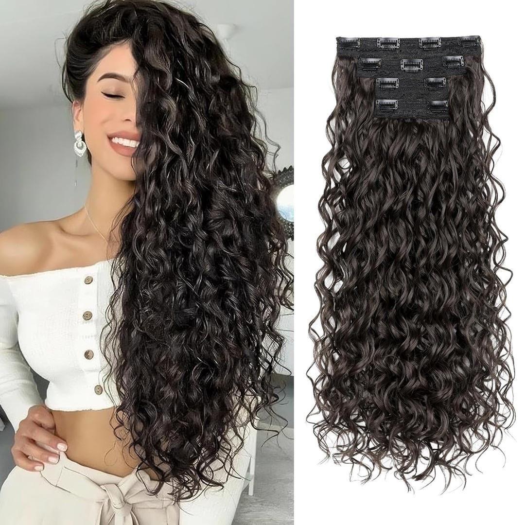 REECHO Curly Hair Extensions, 4PCS 24 inch Clip in Hair Extensions Lace Weft Short Curly Hair Extension Clip Ins Invisible Natural Hairpieces for Women, Off Black
