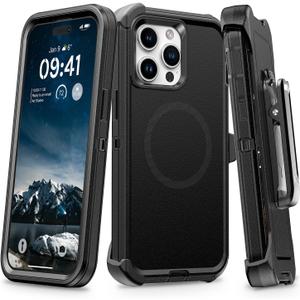 for iPhone 14 Pro Max Case with Belt Clip Holster, Anti-Shock, Anti-Slip, Compatible with MagSafe, 3-Layer Drop Protection, Heavy Duty Magnetic Phone Case Cover for 14 Pro Max, 6.7", Black