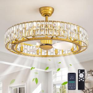 Siljoy Gold Fandelier Ceiling Fan with Light, 31.5'' Modern Crystal Chandelier Ceiling Fans with Lights Remote Control, Large Mid Century Dimmable Fandelier 6 Speeds for Living Room Bedroom Nursery