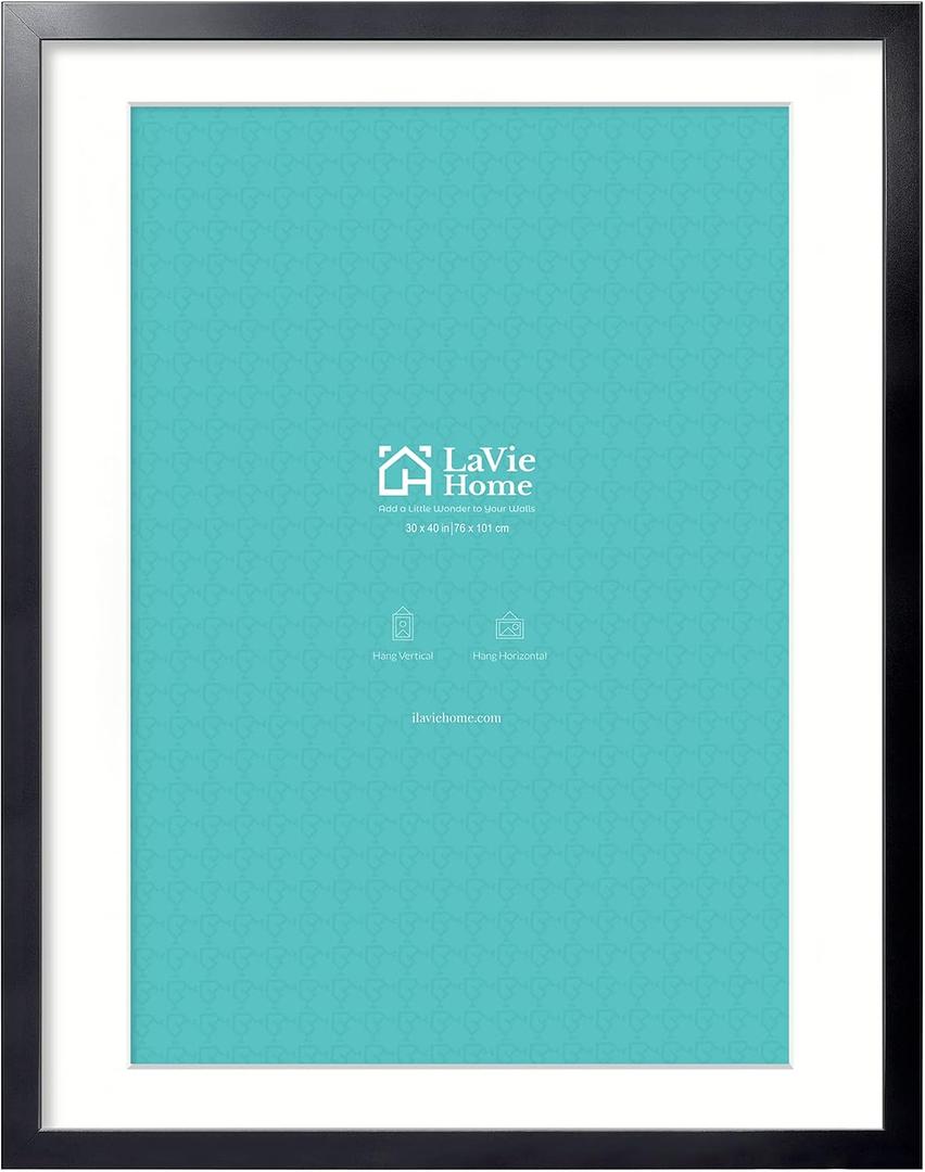 LaVie Home 30x40 Poster Frame Black, Display Pictures 24x36 with Mat or 30x40 Without Mat, Stable and Sturdy Picture Frame with Polished Plexiglass, Horizontal and Vertical Format of The Wall, 1 Pack