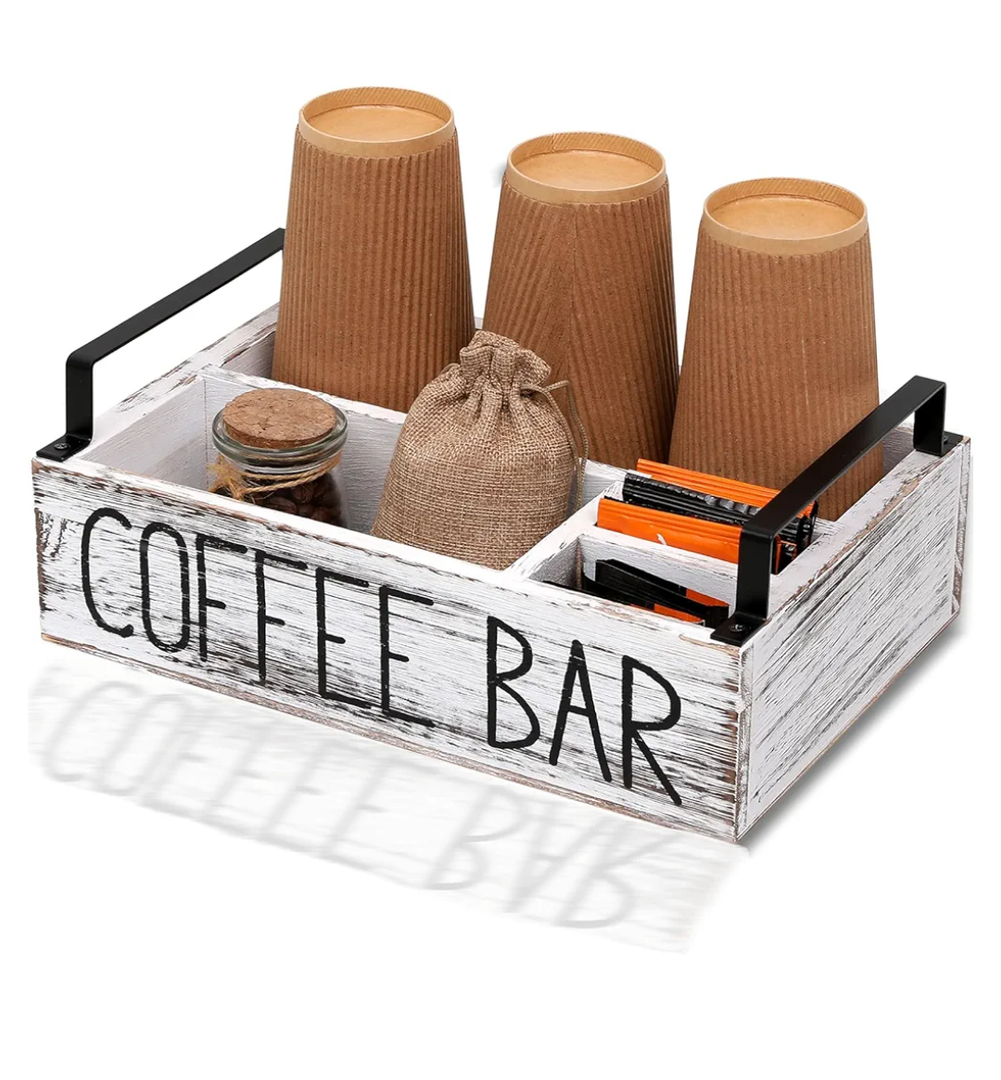 LYJWOO6D Coffee Station Organizer Pod Holder Wooden Bar Accessories for Countertop,Farmhouse with Handle,Coffee Decor Rustic White