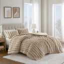 Madison Park Jasmine King Comforter Set, Luxurious Reversible Faux Fur Plush Ribbed Velvet Bedding, Fuzzy Thick Warm Winter Comforter, Super Soft Fluffy 3-Piece Set Taupe
