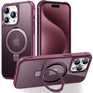 Magnetic Compatible with iPhone 15 Pro Max Case with Stand [Military Grade Drop Tested][Compatible with Magnet] Ring Translucent Slim Hard Back Soft Edge, Red