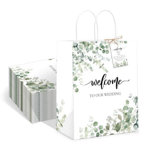 QIELSER 50 pcs Welcome Bags for Wedding Guests Bulk with Tags Welcome to Our Wedding Gift Bags with Handles for Birthday Party Baby Shower Favors Supplies