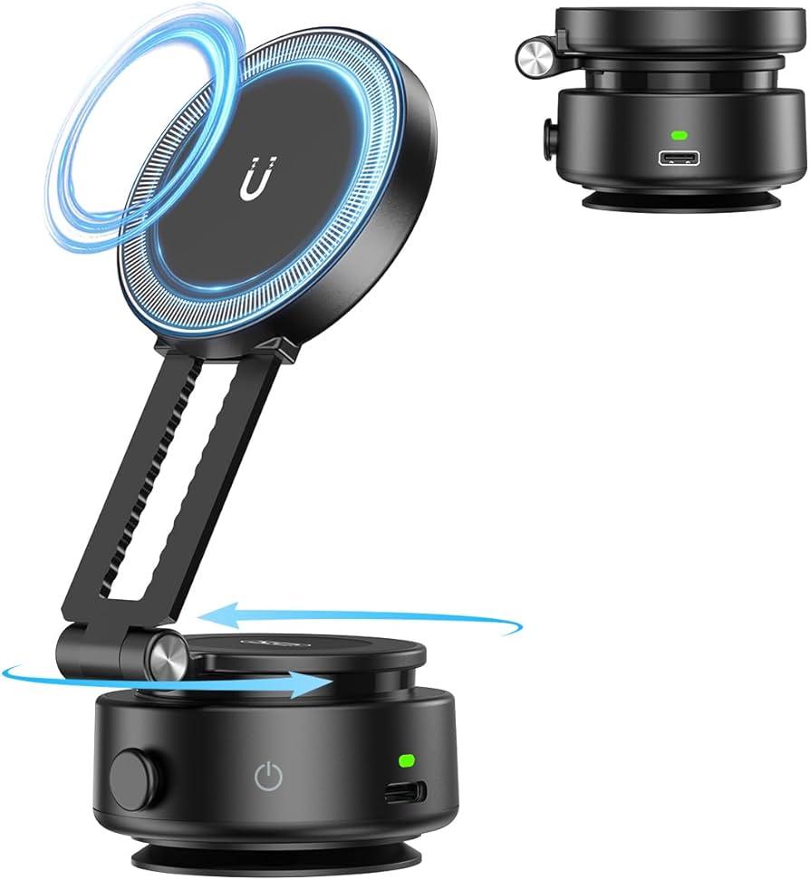 Electric Vacuum Magnetic Suction Phone Holder,360° XO Rotating Electric Vacuum Magnetic Car Phone Mount, Adjustable Foldable Strong Suction Car Holder Mount for iPhone16/15/14/13/12 Shower/Car/Mirro