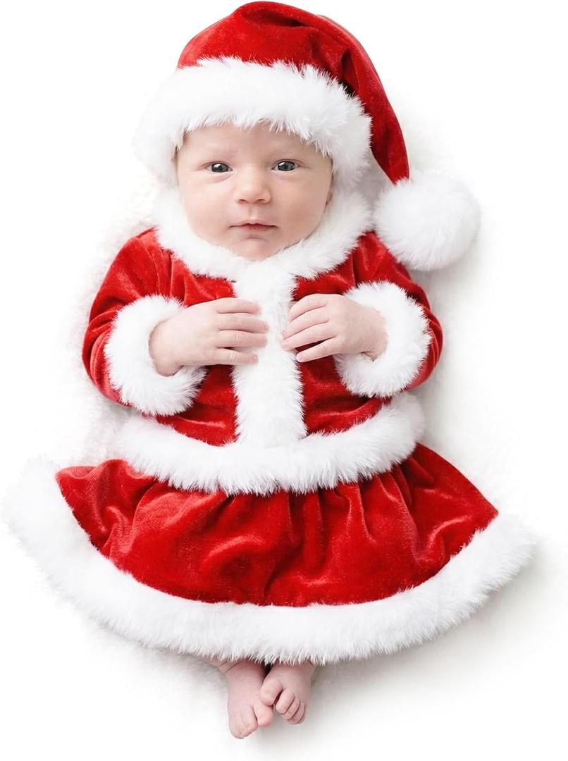 ForBaysy Newborn Baby Christmas Photo Props Outfit Infant Boys Girl Photoshoot Costume Red jumpsuit With Xmas Hat, One Size