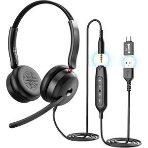 USB-C/USB-A/3.5mm Wired Headset with Noise Cancelling Microphone | On-Ear Office Headphones for PC/Laptop | Line control & All-Day Comfort for Call Center, Video Conferencing, Remote Work,Online Class