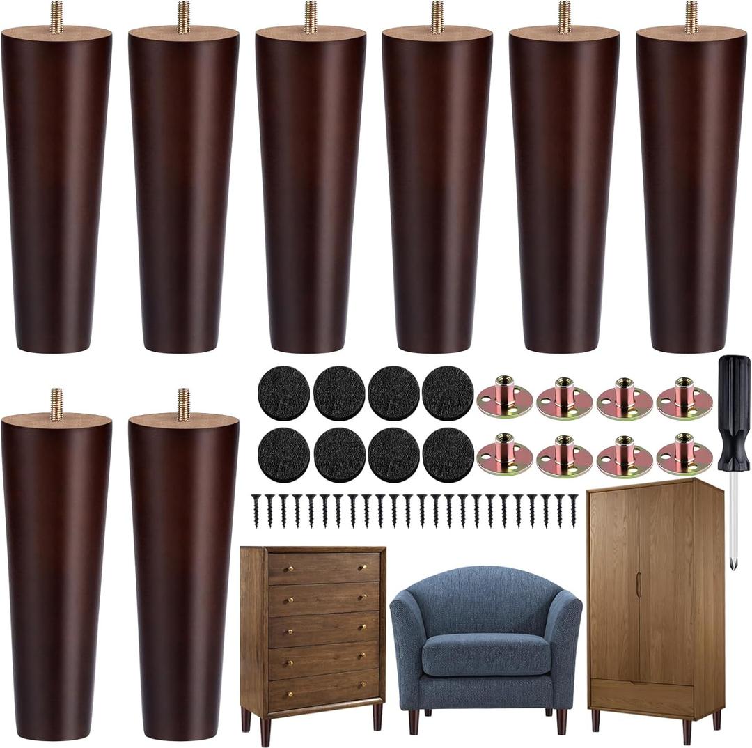 TURSTIN 8 Pieces Furniture Legs 8 Inches Round Solid Wood Furniture Feet with M8 T-Nuts Couch Legs Sofa Leg Replacement Leg for Armchair, Cabinet, Chair, Dresser or Home DIY Projects, Brown