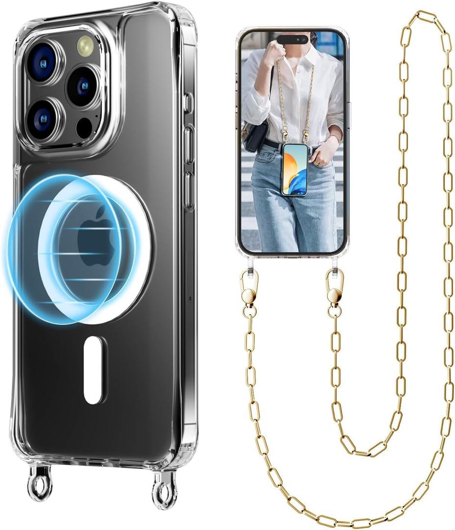 UnnFiko Crossbody Phone Lanyard for iPhone 15 Pro Case Compatible with Magsafe Clear, Metal Phone Strap Phone Case Shockproof Protection, Magnetic Phone Case for iPhone 15 Pro(Gold Lanyard)