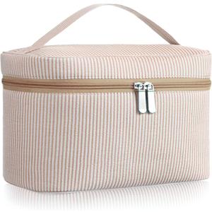 Large Makeup Bag for Women Toiletry Bag, Aesthetic Cute Seersucker Cosmetic Pouch, Teen Gift for Her Mom Girlfriend Wife Teacher Aesthetic Skincare Brushes Storage Organizer(Khaki)