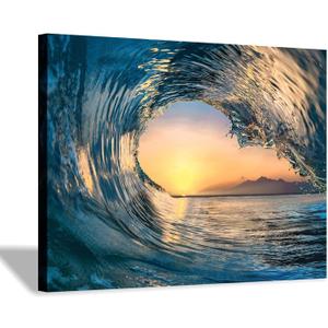 Ocean Wave Picture Wall Art: Tropical Seascape Sunset Canvas Prints for Office (16'' x 12'' x 1 Panel)