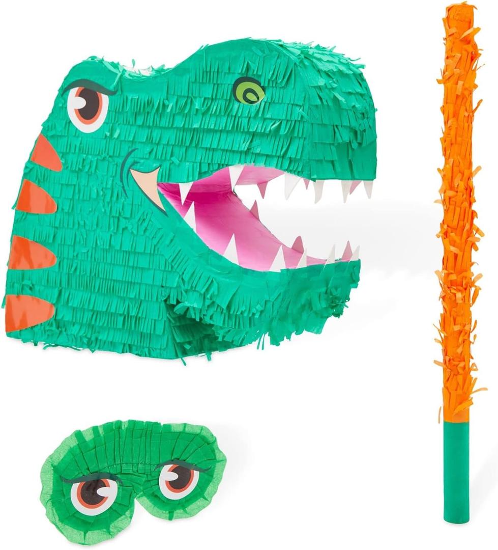Large Green Dinosaur Pinata with Stick & Blindfold for Kids Boys Dino Birthday Party Decorations Supplies, 20 x 13.75 x 5.5 in