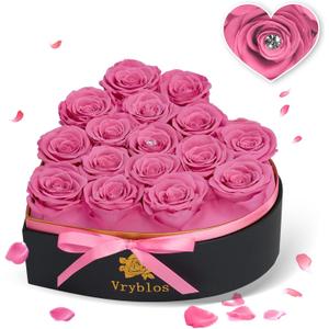16 Pieces Forever Flower Heart Shape in a Box Preserved Pink Roses for Delivery Grade A Quality 100% Real Immortal Flowers Eternal Birthday for Her Mom Women Wife Girlfriends (Pink)