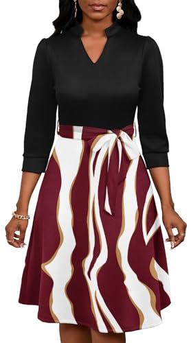 Women's Stripe Casual Dress V Neck Color Block Printed 3/4 Sleeve High Waist Midi A-Line Wrap Dresses with Sash, Size 3XL