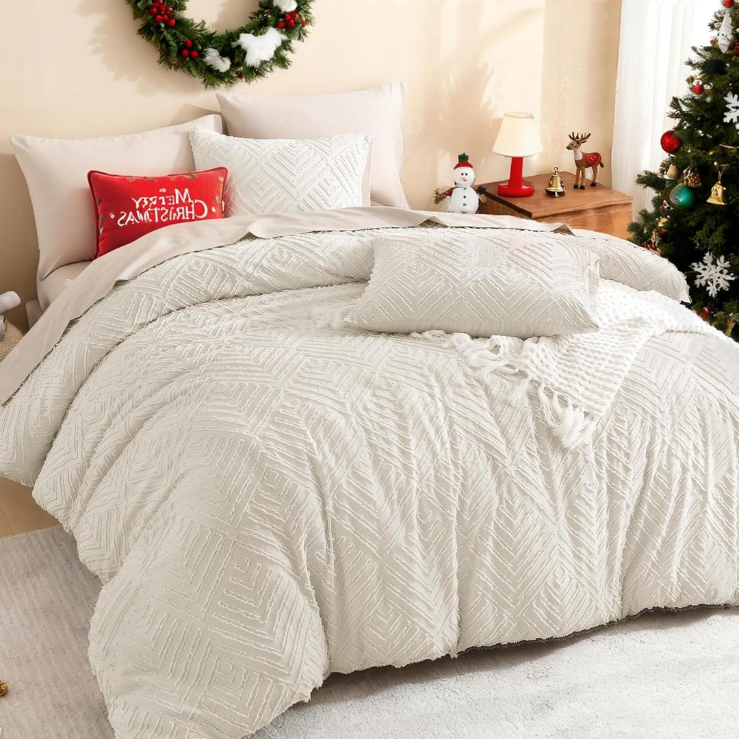 Litanika Beige Oversized Queen Comforter, 3 Pieces Cream Tufted Boho Farmhouse Bedding Comforter Sets, Lightweight Fluffy Comforter Bed Set for All Season (98x98In Comforter and 2 Pillowcases)