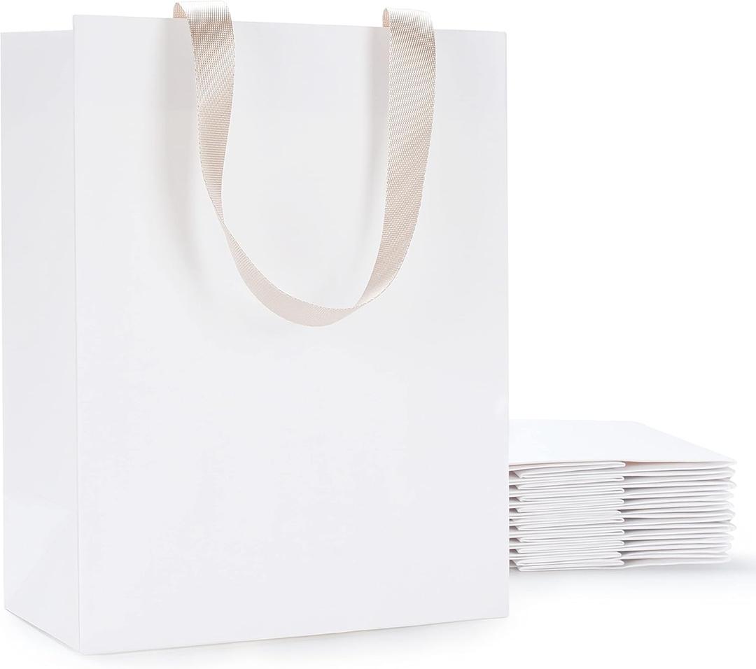 White Gift Bags, 10Pcs 8x4.25x10 Medium Paper Gift Bags with Handles, White Paper Shopping Bag Bulk, Merchandise, Goodie, Boutique Bag