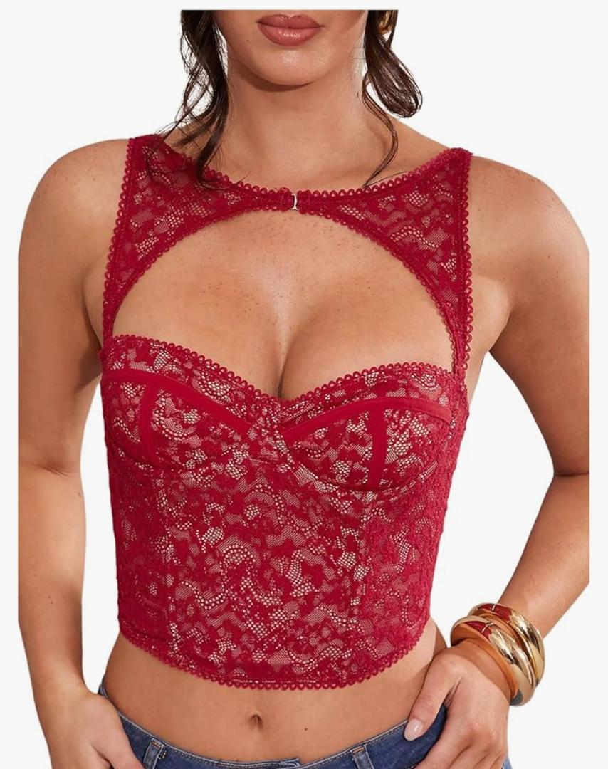 WDIRARA Women's Cut Out Lace Crop Bustier Corset Tank Top Sexy Going Out Party Club Tops Size XS-S