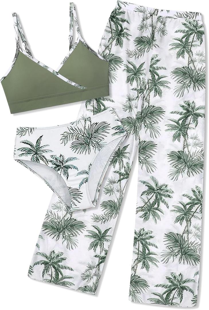 Girls Swimsuit 3 Piece Tropical Print Bathing Suit V Neck Bikini Set with Quick Dry Cover Up Pants 9-16Y (13-14 Years, Green Palm)