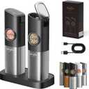 Sangcon Gravity Electric Salt and Pepper Grinder Set [Upgraded Larger Capacity] USB Rechargeable With Dual Charging Base - Automatic One Hand Operation - Adjustable Coarseness & LED Light Refillable (Black)