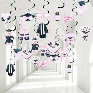 30 Pcs Pink Bow Graduation Decorations Black and Pink Graduation Swirl Decorations Class of 2026 Congrats Grad Ceiling Hanging Bow and Bear Decor Senior 2026 College Party Supplies
