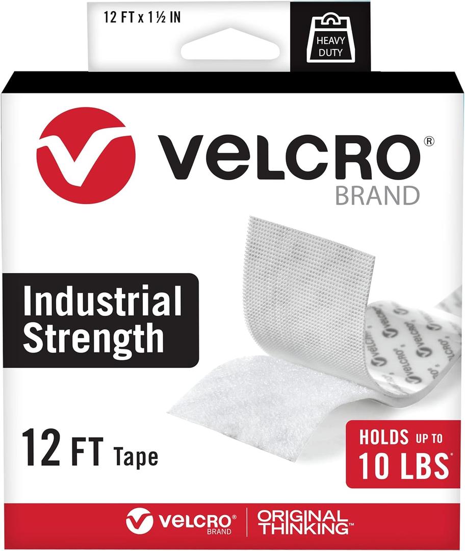 VELCRO Brand Heavy Duty Tape | 12 Foot Roll | Strong Sticky Back Adhesive Holds up to 10 lbs | Industrial Strength Fasteners for Indoor or Outdoor Use | 1-1/2in Width, White (VEL-30837-USA)