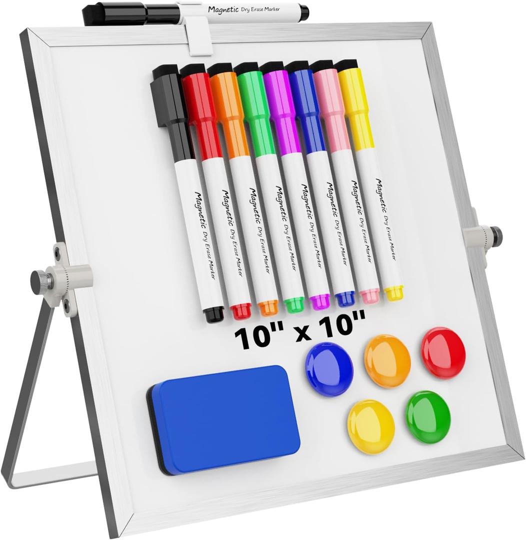 Dry Erase White Board, Cazeyoo Magnetic Desktop Whiteboard 10 x 10inch with Stand, 8 Markers, 4 Magnets and 1 Eraser, Portable Double-Sided White Board for Kids Drawing, Office, Home, School (Metal)