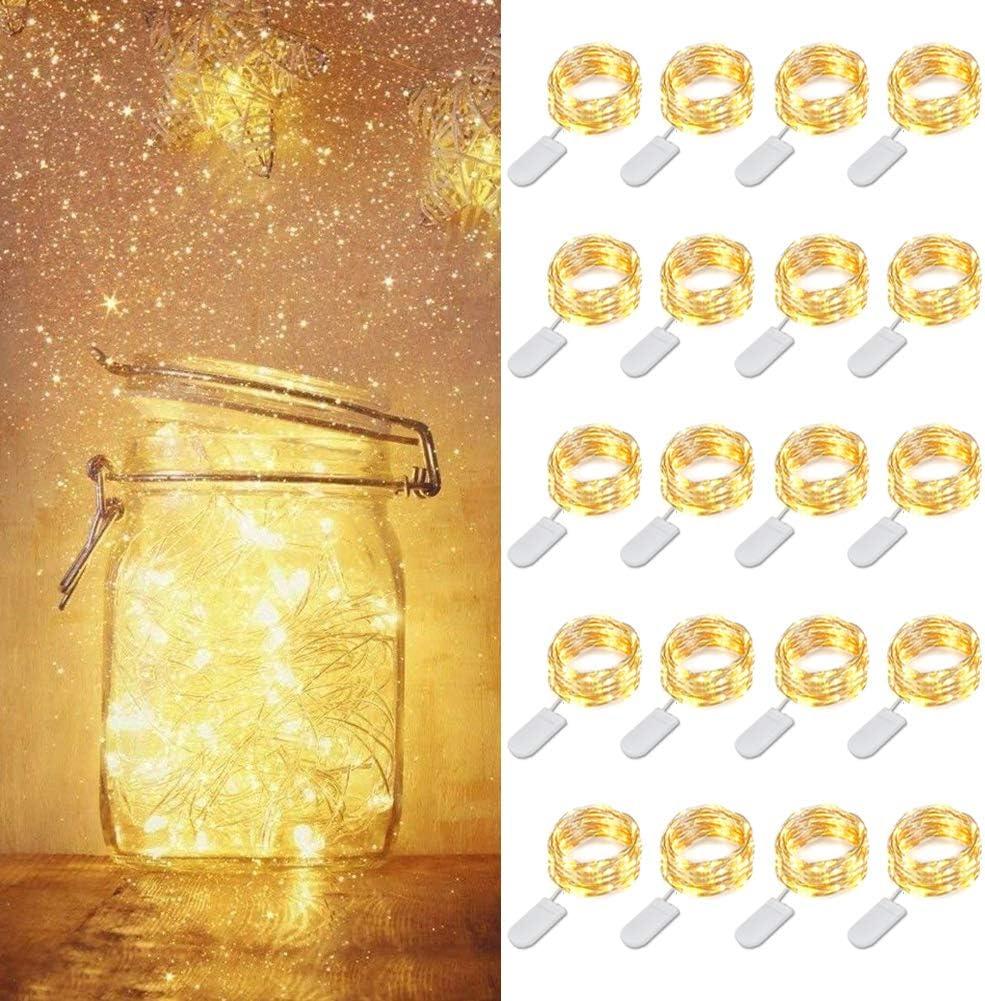 MUMUXI 20 Pack 3.3ft Fairy Lights Battery Operated String Lights, Mini LEDs Powered, Waterproof Indoor Silver Wire Firefly Mason Jars, Warm White for Home Decor, Parties, and Weddings (Silver Wire Warm White)