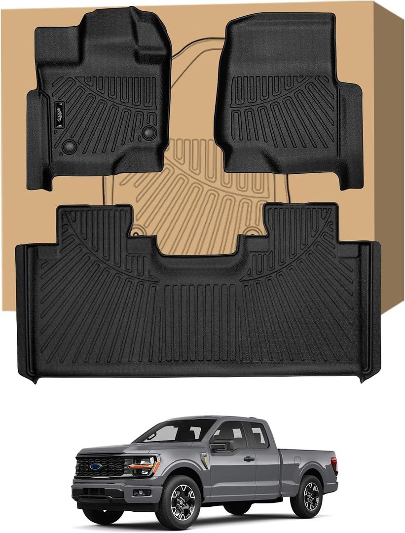 PELEUS Floor Mats for 2015-2026 Ford F150 Super Cab/Extended Cab, All Weather TPE Floor Liners Compatible with F-150 STX XLT XL, Precision Fit Waterproof Car Mats, Front & Rear Full Set, Black