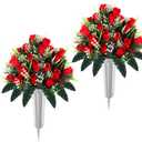 Consevisen Artificial Cemetery Flowers for Grave with Vase, 2 Sets Silk Red Rose Memorial Day Flowers for Cemetery Grave Decorations, Outdoor Grave Decorations for Gravesite Headstones