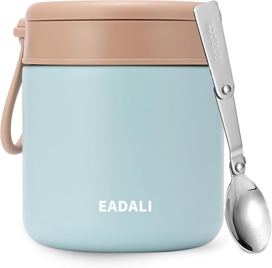 Eadali 15.2oz Kids Food Jar for Hot Food  Vacuum Insulated Lunch Container with 316 Stainless Steel Interior, Leakproof Wide Mouth & Foldable Spoon for School Meals