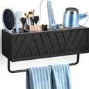 Hair Tool Organizer Wall Mounted with Towel Bar, Wood Hair Dryer and Styling Holder for Bathroom, Vanity Caddy Storage Stand for Storage Bathroom Accessories, Flat Iron, Blow Dryer, Brushes(Black)