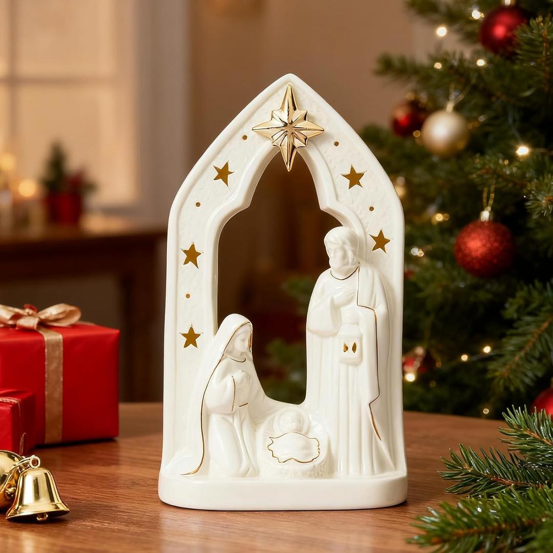 DN DECONATION White Porcelain Nativity Set for Christmas Indoor, Ceramic Nativity Figurines Holy Family Nativity Scenes Scene with Manger for Xmas Tabletop Fireplace Shelf Home Holiday Decoration (Set of 1)