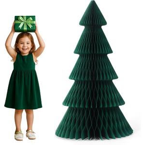 Poen 3 ft x 20 Inches Extra Large Christmas Tree 3D Honeycomb Paper Tree Xmas Centerpiece for Indoor Holiday Party Home Decorations(Dark Green)