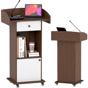 Podium Stand with Metal Wheels Wooden Lectern Podium Stand Portable Pulpit Standing with Storage Mobile Reception Podiums for Church Office School Conference Restaurant Meeting,Brown White