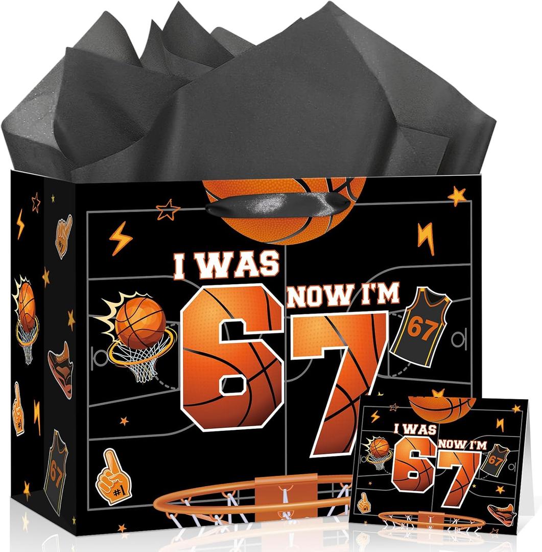 6 7 Birthday Decorations Gift Bag 6 7 Meme Basketball Favor Bag with Tissue Paper Card I was 6 Now I'm 7 Year Old Decorations for Boys Basketball Grow up Party 7 Years Old Birthday Party Supplies