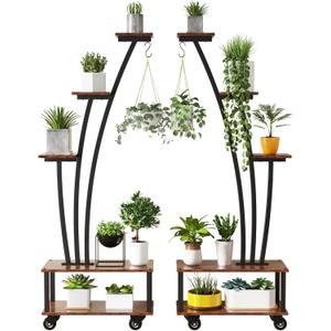 5-Tiered Tall Plant Stand Indoor, Cone-shaped Metal Plant Stand with Wheels and Hanging Hooks, Farmhouse Wood Plant Shelf Indoor for Living Room, Balcony, Garden, Rustic Brown (2 Pack)