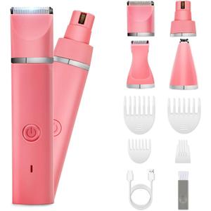 Veeconn Dog Grooming Clippers Kit-Electric Rechargeable Cat Trimmer Tools-Cordless Quiet Pet Nail Paw Grinder-4 in 1 Multifunctional Low Noise Shaver-Razor for feet Face Ears Toenail Eye (Pink)