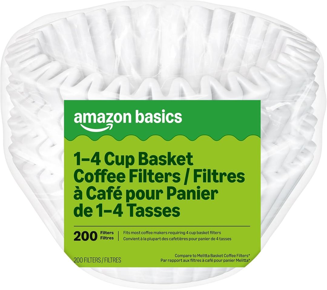 Amazon Basics Basket Coffee Filters for 1-4 Cup Coffee Makers, White, 200 Count
