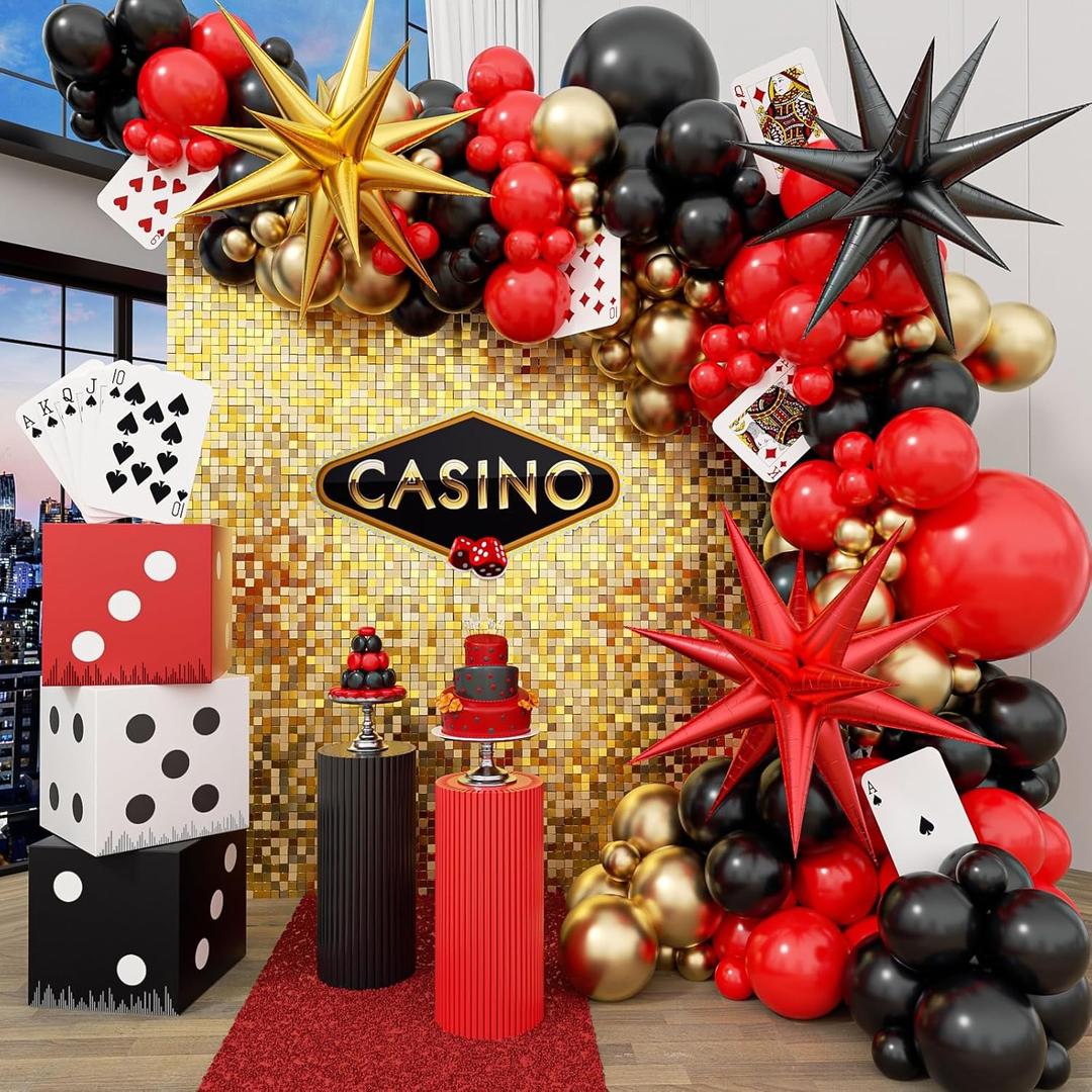 Casino Balloon Arch Garland Kit with Red Black and Gold Balloons Dice Boxes Random Pokers for Birthday Casino Night Las Vegas Casino Theme Party Decorations