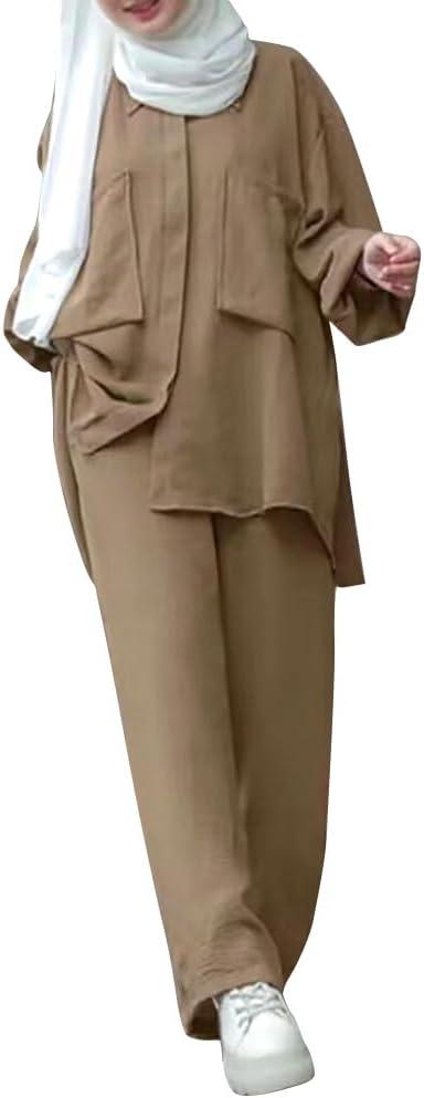 ODIZLI Muslim Long Sleeve Blouse Wide Leg Pants Suits Autumn Solid Abaya Women Matching Sets 2PCS Tracksuits Turkey Kaftan (X-Large, Khaki-pockets Button Down Shirt)