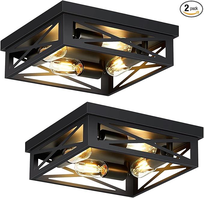 Black Flush Mount Ceiling Light Fixture,4-Light Square Hallway Light Fixtures Ceiling,Light Fixtures Ceiling Mount for Farmhouse,Kitchen,Hall,Bedroom (2 Pack)