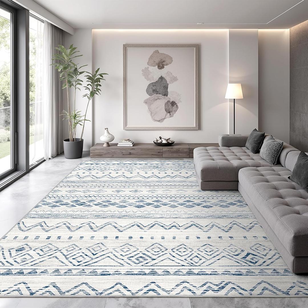 8x10 Area Rug for Living Room Moroccan Washable Rugs Non Slip Indoor Floor Carpet Foldable Large Soft Area Rug for Dining Room Bedroom with Low Pile(Blue,8'x10')