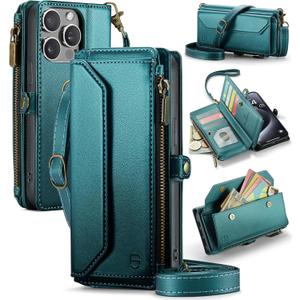 Strapurs Wallet Case Compatible with iPhone 15 Pro Max RFID Blocking 10-Card Holder Soft PU Leather Magnetic Snap Shoulder Strap Zipper Pocket Phone Case Fit for iPhone 15 Pro Max 6.7" - Blue Green