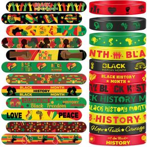 48 PCS Happy Black History Month Party Favors Slap Bracelets for Silicone Wristbands for Birthday Party Supplies Classroom Prizes American Freedom Day Patriotic Party Decorations Gift Bag Fillers