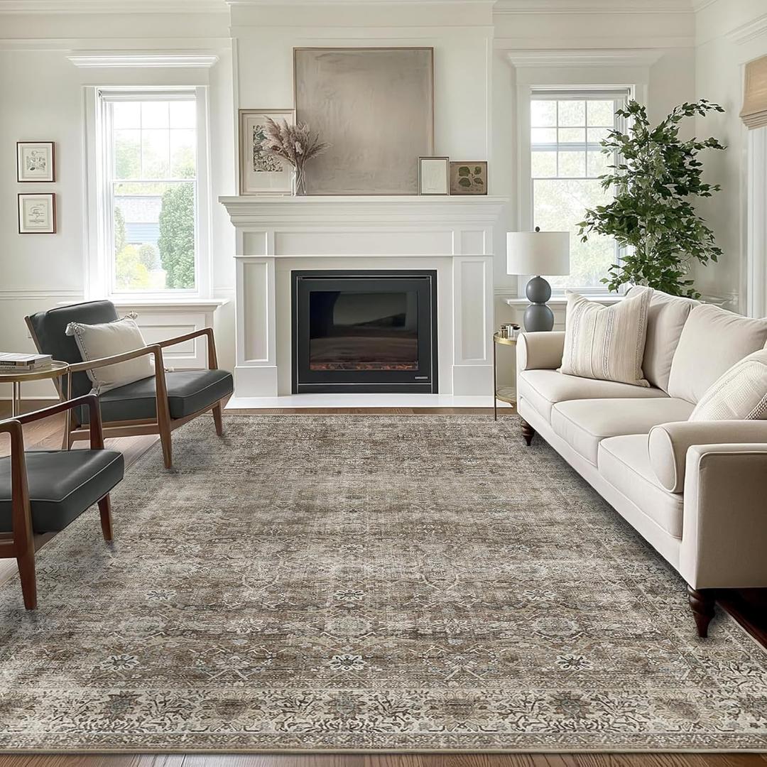 Brown Grey 5x7 Washable Rug for Living Room Large Vintage Distressed Bedroom Rug Low Pile Non-Slip Soft Boho Carpets for Bedroom Dining Room Home Office Indoor Nursery Antique/Moss