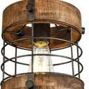 Retro Industrial Metal and Wood Chandelier 1-Light Round Cage Pendant Light Fixture for Kitchen Island Foyer Hallway Bar Dining Room Restaurant, D 7.9" x H 8.7" (Brown)