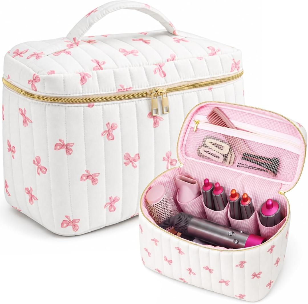 Paterr Large Quilted Hair Tools Travel Bag, Cute Floral Carrying Bag Compatible with Shark Flexstyle Case Portable Dryer Case Waterproof Dustproof Flat Curling Iron Organizer for Women(Pink Bow)